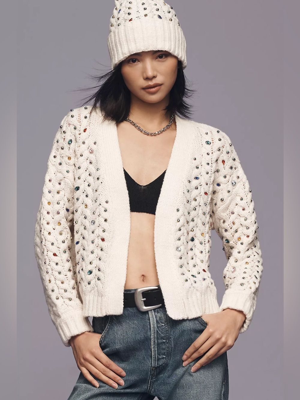 Maeve Jewel Cable-Knit Cardigan One Size